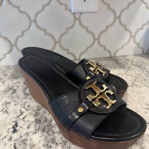 Tory Burch Black and Gold Wedge Sandals